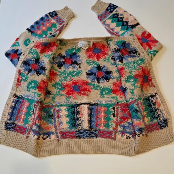 The Eagles Eye Floral Knit Sweater Wool Beige Retro Cottagecore Cardigan L - Picture 11 of 12